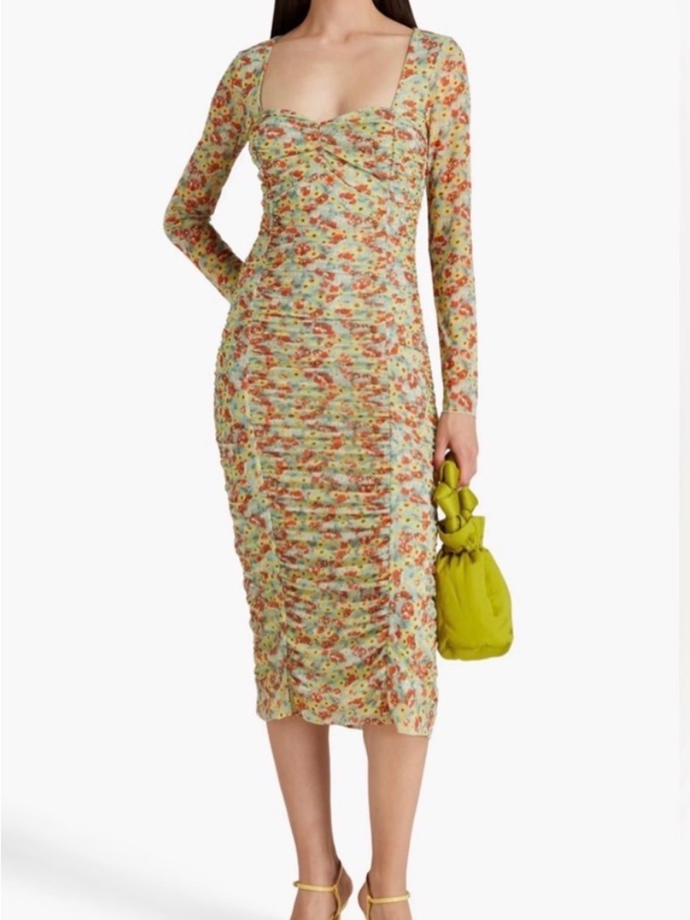 GANNI Green Floral Ruched Long Sleeve Midi Dress